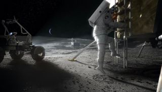 Artist's illustration of an Artemis astronaut stepping onto the surface of the moon.