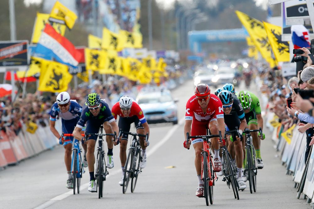 Alexander Kristoff (Team Katusha) wins the sprint for fouth at the Tour of Flanders