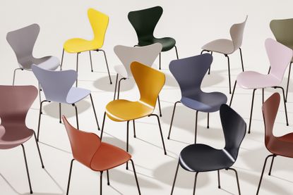Arne Jacobsen chairs by Fritz Hansen with colour palette created with Carla Sozzani