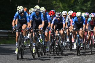 Movistar leading the peloton of stage five of the Tour de France Femmes 2024