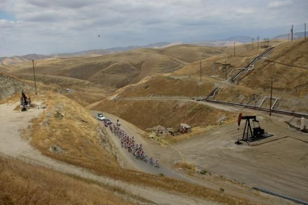 The peloton rolls through the otherwordly landscape near Bakersfield in stage 6 of the Amgen Tour of California.