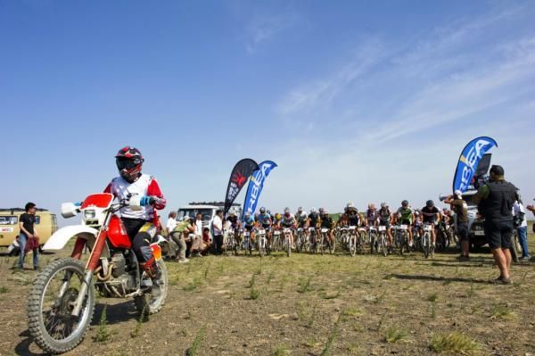Racers all lined up at the Mongolia Bike Challenge