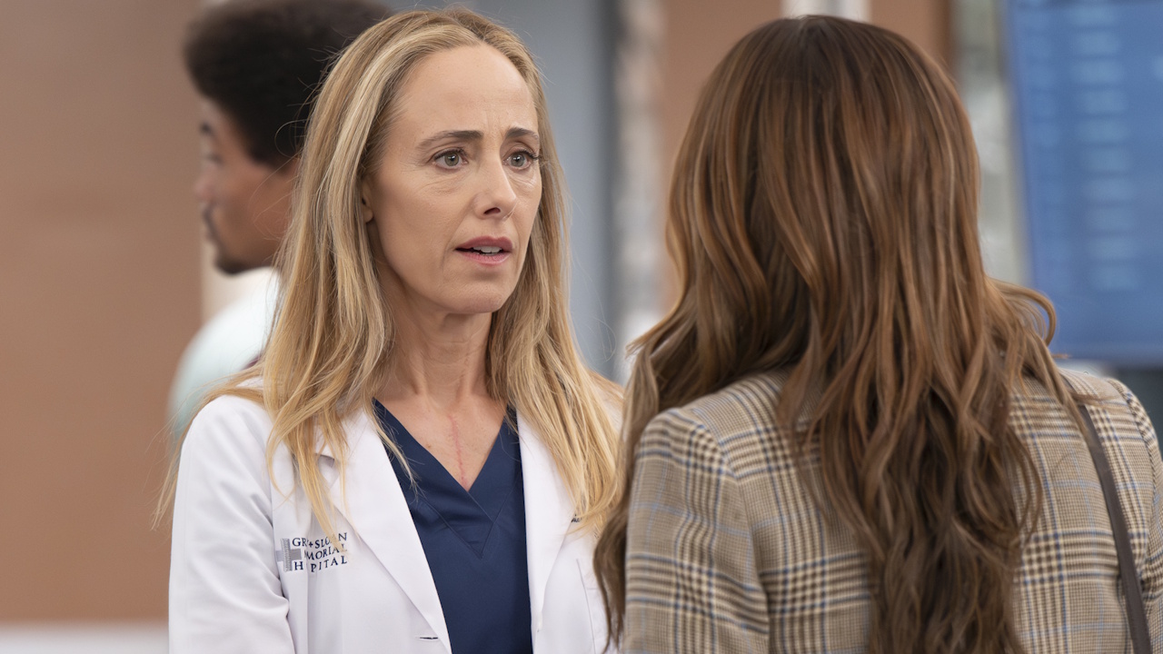 Kim Raver as Teddy Altman looks troubled in the Grey's Anatomy Season 22 finale.
