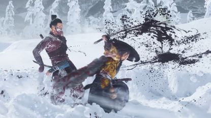 Blood sprays across a snowy backdrop as Atsu cleaves an enemy's stomach open with a swift, wide blow of her katana in Ghost of Yotei's Gamescom trailer
