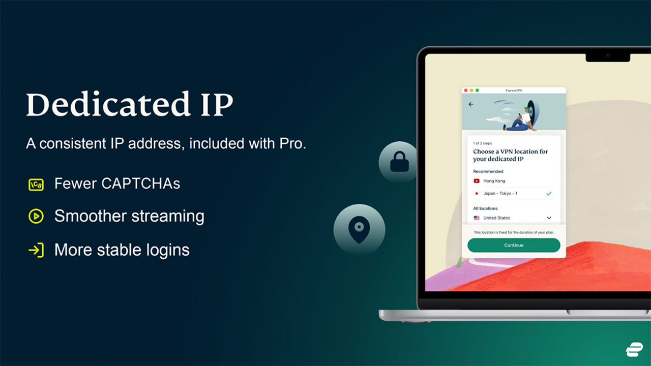 ExpressVPN Dedicated IP information. The feature is shown on a laptop screen