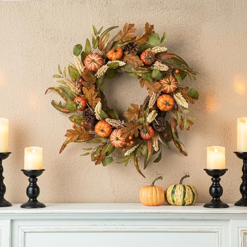 Glitzhome 24&#039;&#039;d Fall Pumpkin Leaf Floral Wreath Decor, Artificial Harvest Door Wreath for Autumn or Thanksgiving Decoration