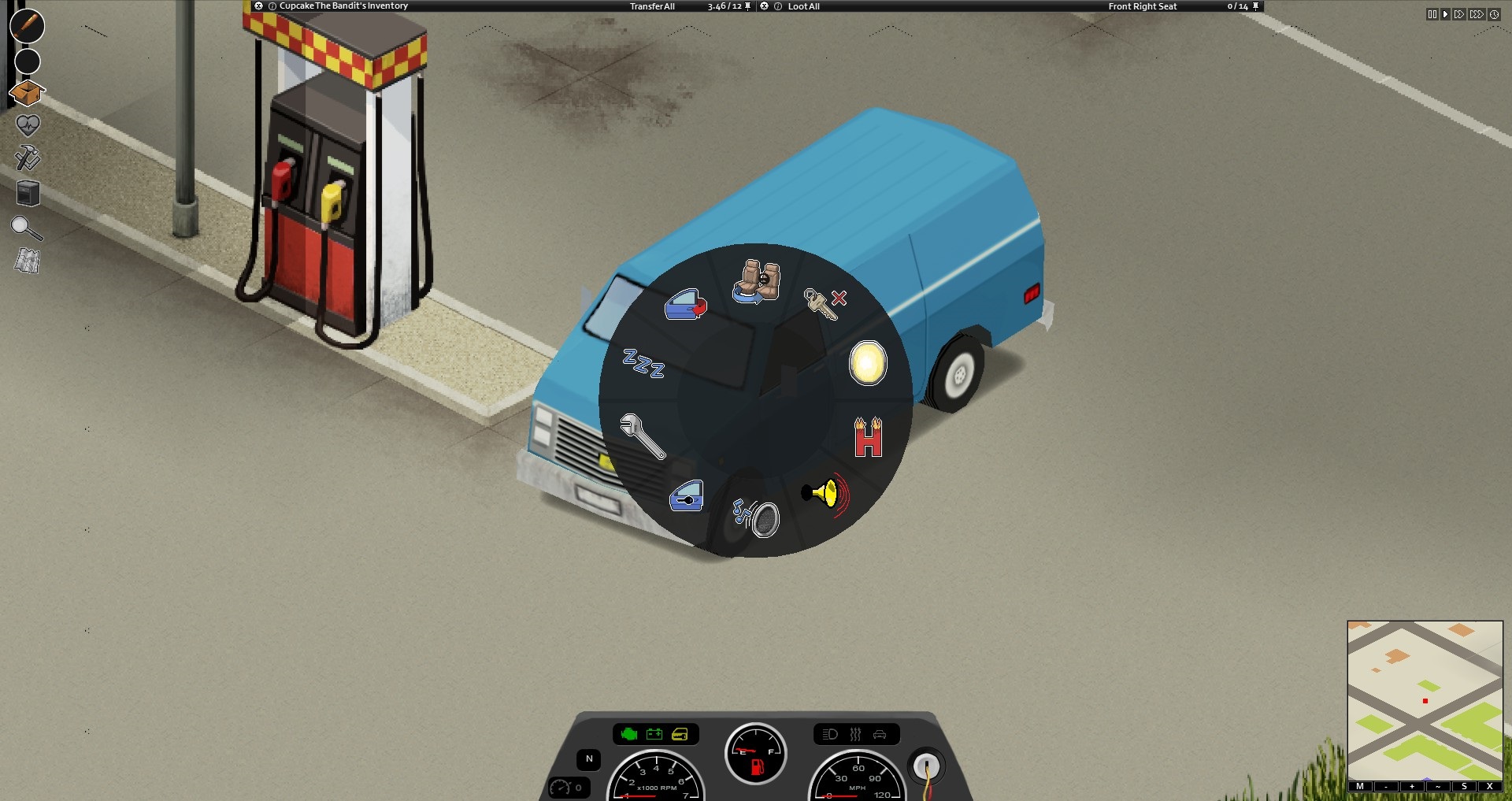 Project Zomboid - A car radial menu and dashboard are visible.