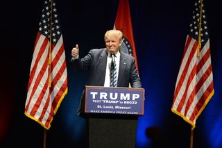 Donald Trump, seeking the Republican presidential nomination, speaks in Saint Louis, Missouri, on March 11, 2016.