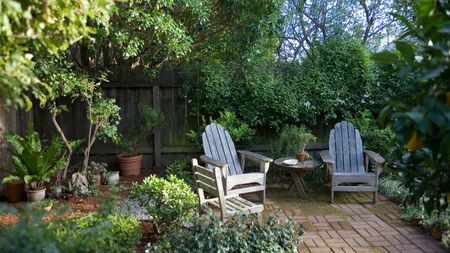 Paved patio space with two wooden deck chairs surrounded by greenery