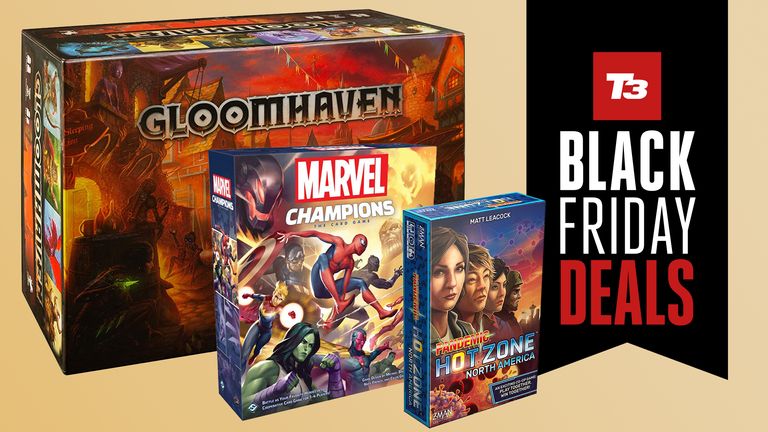 Gloomhaven, Marvel Champions and Pandemic Hot Zone board games with sign saying Black Friday Deals