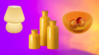 mushroom lamp, three vases, and fruit bowl on a colorful background