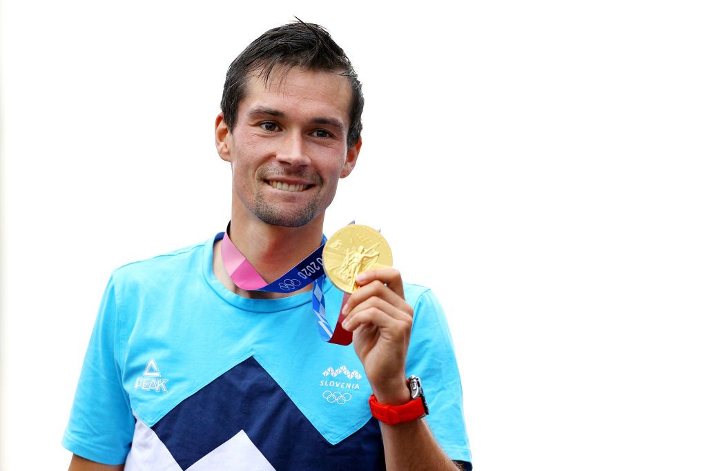 Primoz Roglic (Slovenia) with the Olympic gold medal for the time trial