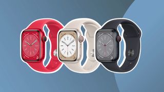 A product shot of various Apple Series 8 watches on a light background with a white border