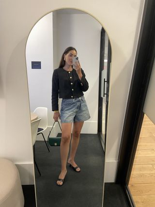 Anna LaPlaca wearing a J.Crew cropped lady jacket