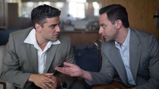 (L-R) Oscar Isaac as Peter Malkin and Nick Kroll as Rafi Eitan in "Operation Finale"