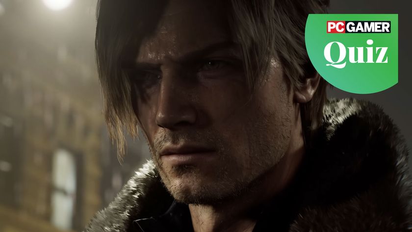 Leon Kennedy close up from Resident Evil Requiem (PC Gamer quiz logo in the top right)
