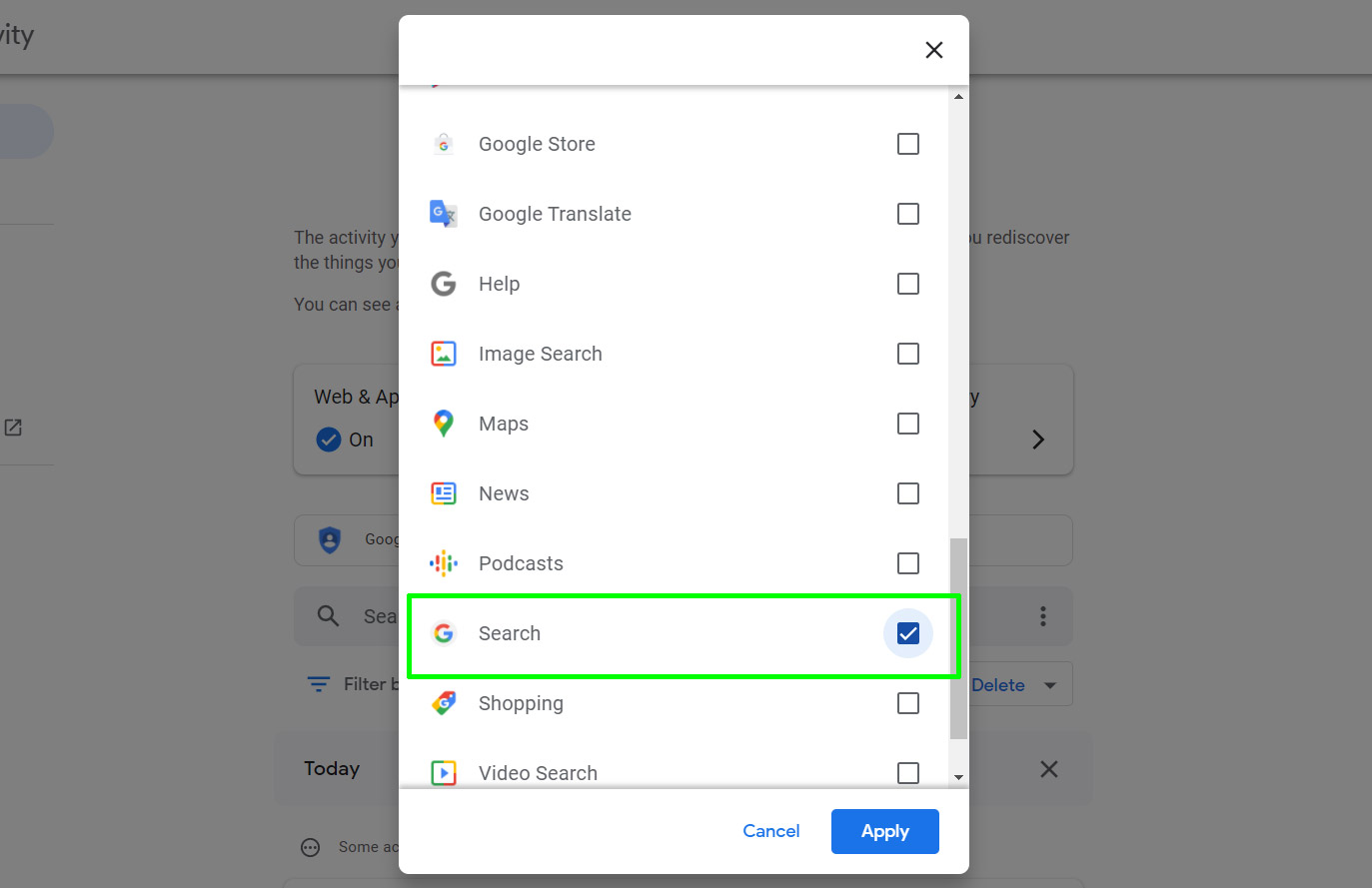 How to delete Google Search history - Pop-up window listing Google apps and services