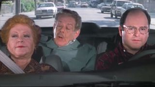 George, Frank and Estelle Costanza driving in a car together on Seinfeld.