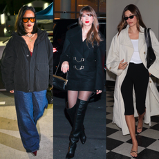 Rihanna, Taylor Swift, and Hailey Bieber wearing fall outfits 