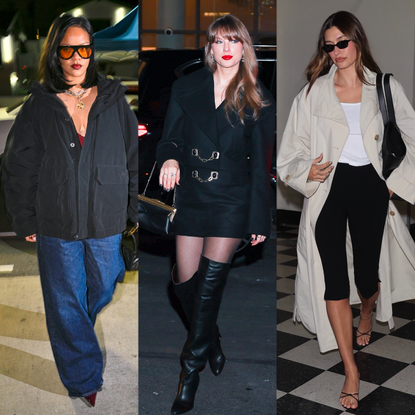 Rihanna, Taylor Swift, and Hailey Bieber wearing fall outfits