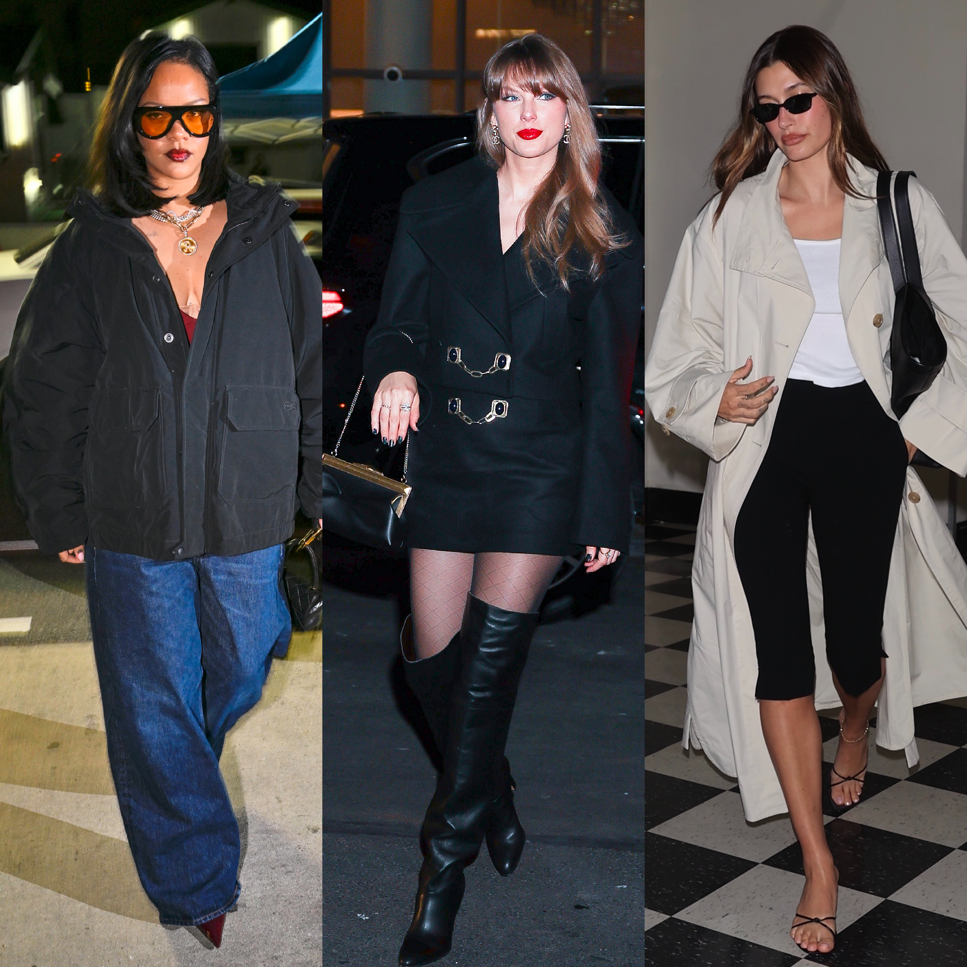 Rihanna, Taylor Swift, and Hailey Bieber wearing fall outfits 