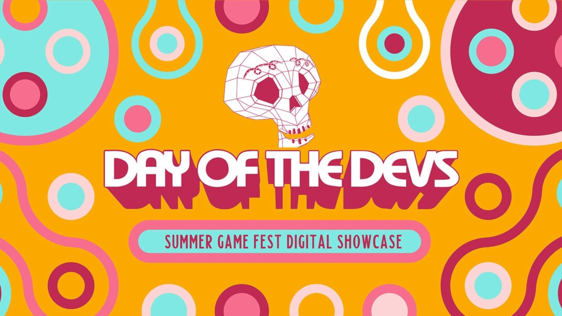 The Day of the Devs Summer Game Fest Digital showcase logo and thumbnail, which features a skull, an orange background, and blue, pink, cream, and brown circles