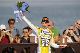 Mark Cavendish on the podium in Qatar