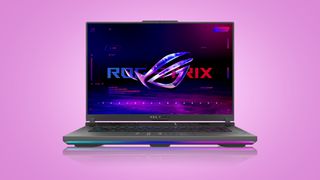 Asus ROG Strix G16 2023 gaming laptop on pink background