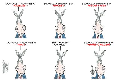 Political cartoon U.S. Trump racist comments Democrats hypocrisy