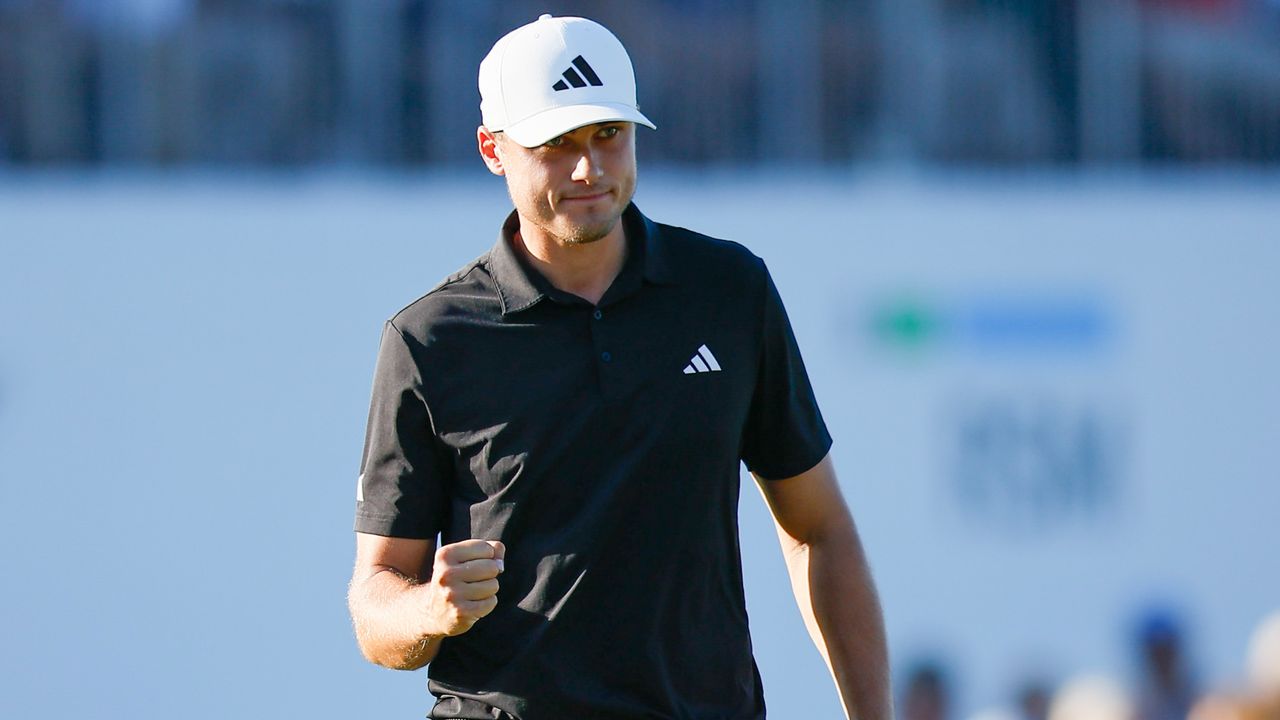 Ludvig Aberg reacts after winning the RSM Classic