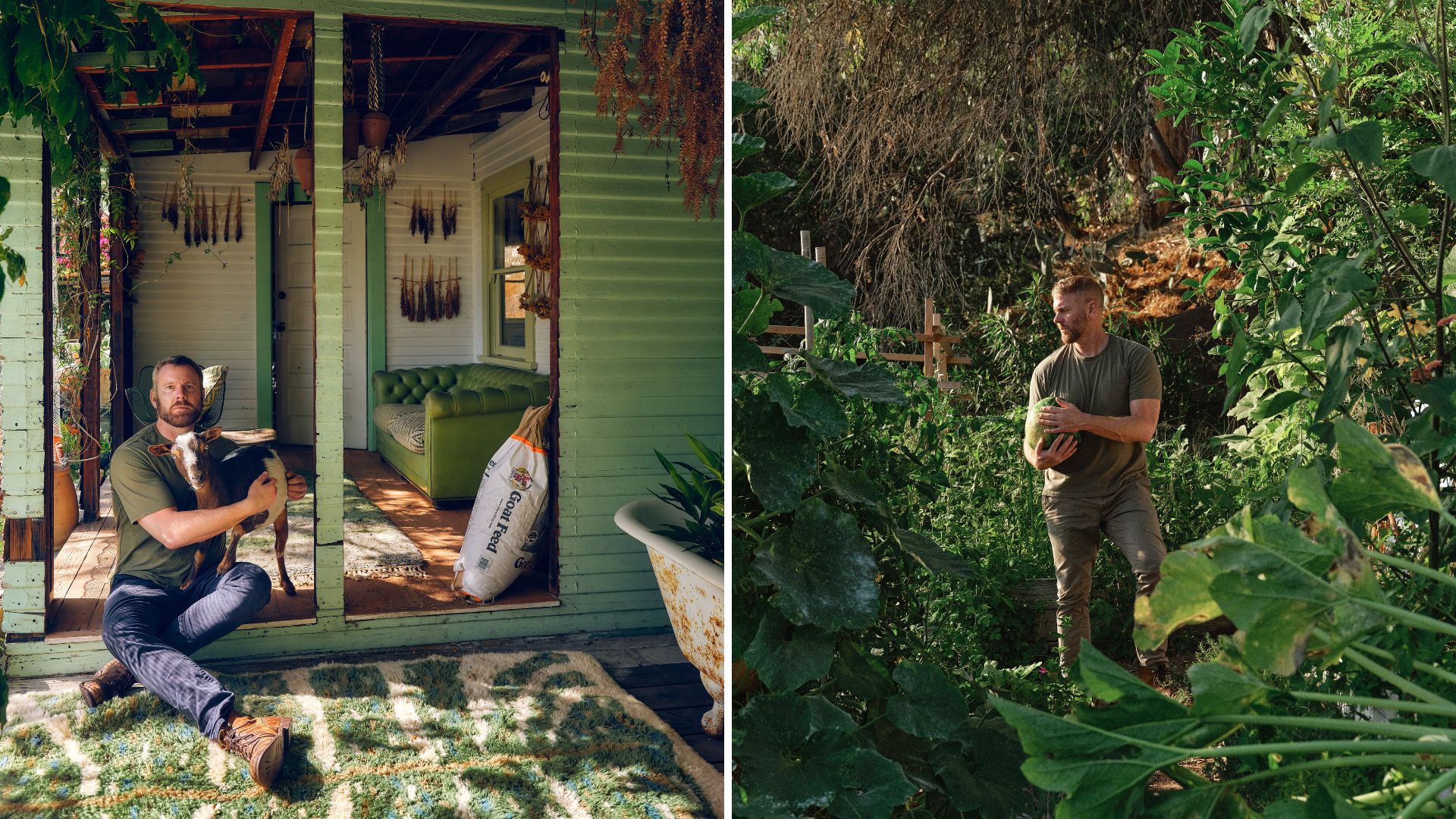 Richard Christiansen at his home, with his goat on the left and in his garden on the right
