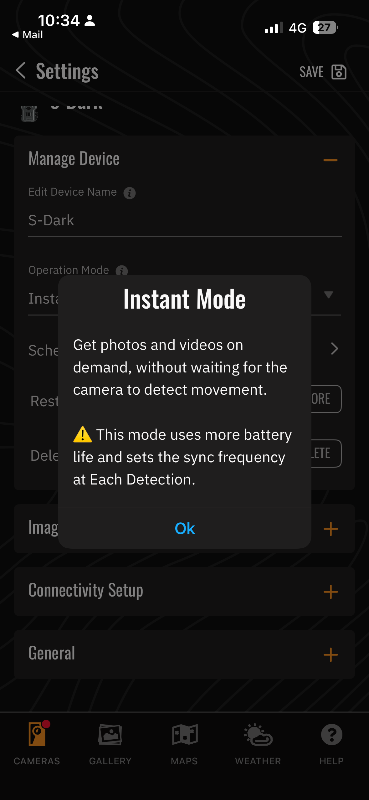 Screenshots from the Spypoint trail camera smartphone app