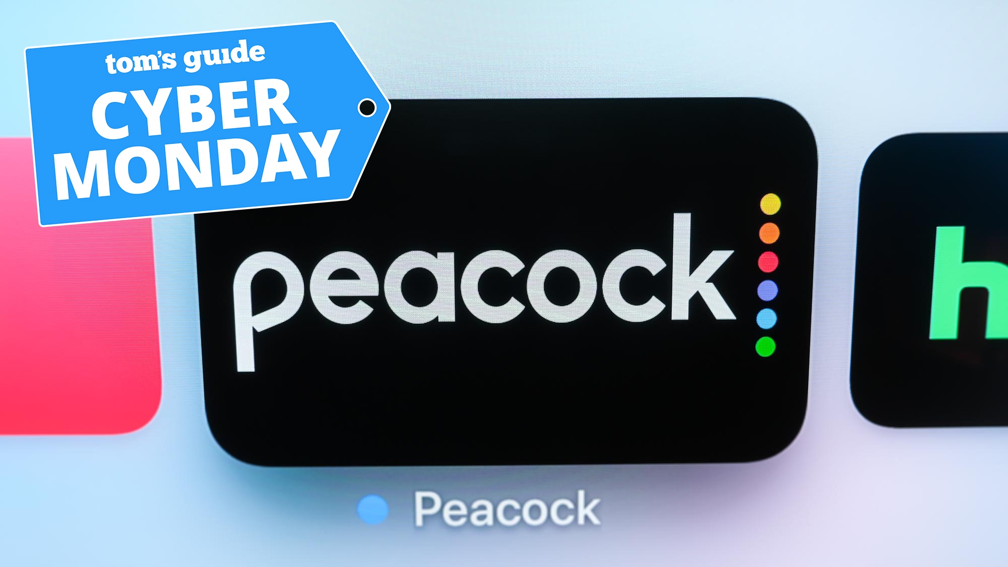 The Peacock app on Apple tvOS with a Tom's Guide Cyber Monday sticker in the top right corner
