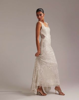 Asos Design Ornate Crystal Embellished Square Neck Maxi Wedding Dress