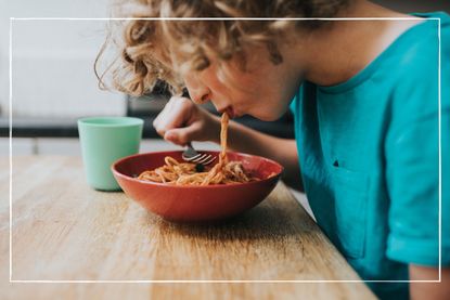 Kids eat free illustrated by Kid with curly hair slurping spaghetti