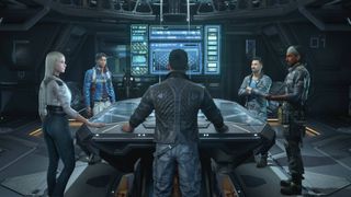 The Expanse: Osiris Reborn screenshot shows a group of characters stood around a table in a futuristic-looking setting.