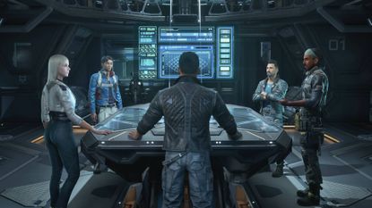 The Expanse: Osiris Reborn screenshot shows a group of characters stood around a table in a futuristic-looking setting.
