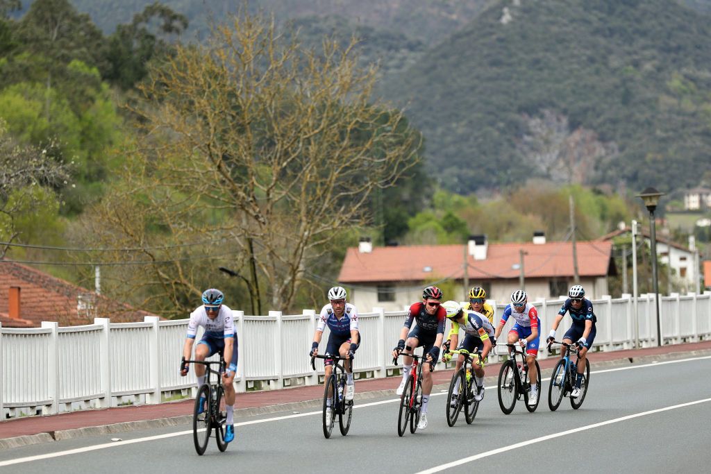 MALLABIA SPAIN APRIL 08 LR Hugo Houle of Canada and Team Israel Premier Tech Dries Devenyns of Belgium and Team QuickStep Alpha Vinyl Tao Geoghegan Hart of United Kingdom and Team INEOS Grenadiers Sepp Kuss of United States and Team Jumbo Visma and David Gaudu of France and Team Groupama FDJ compete during the 61st Itzulia Basque Country 2022 Stage 5 a 1638km stage from Zamudio to Mallabia 305m itzulia WorldTour on April 08 2022 in Mallabia Spain Photo by Gonzalo Arroyo MorenoGetty Images