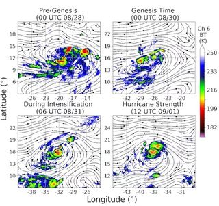 A series of images showing cloud top temperatures during the formation of hurricane Irma