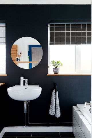 Monochrome bathroom with dark walls and floor