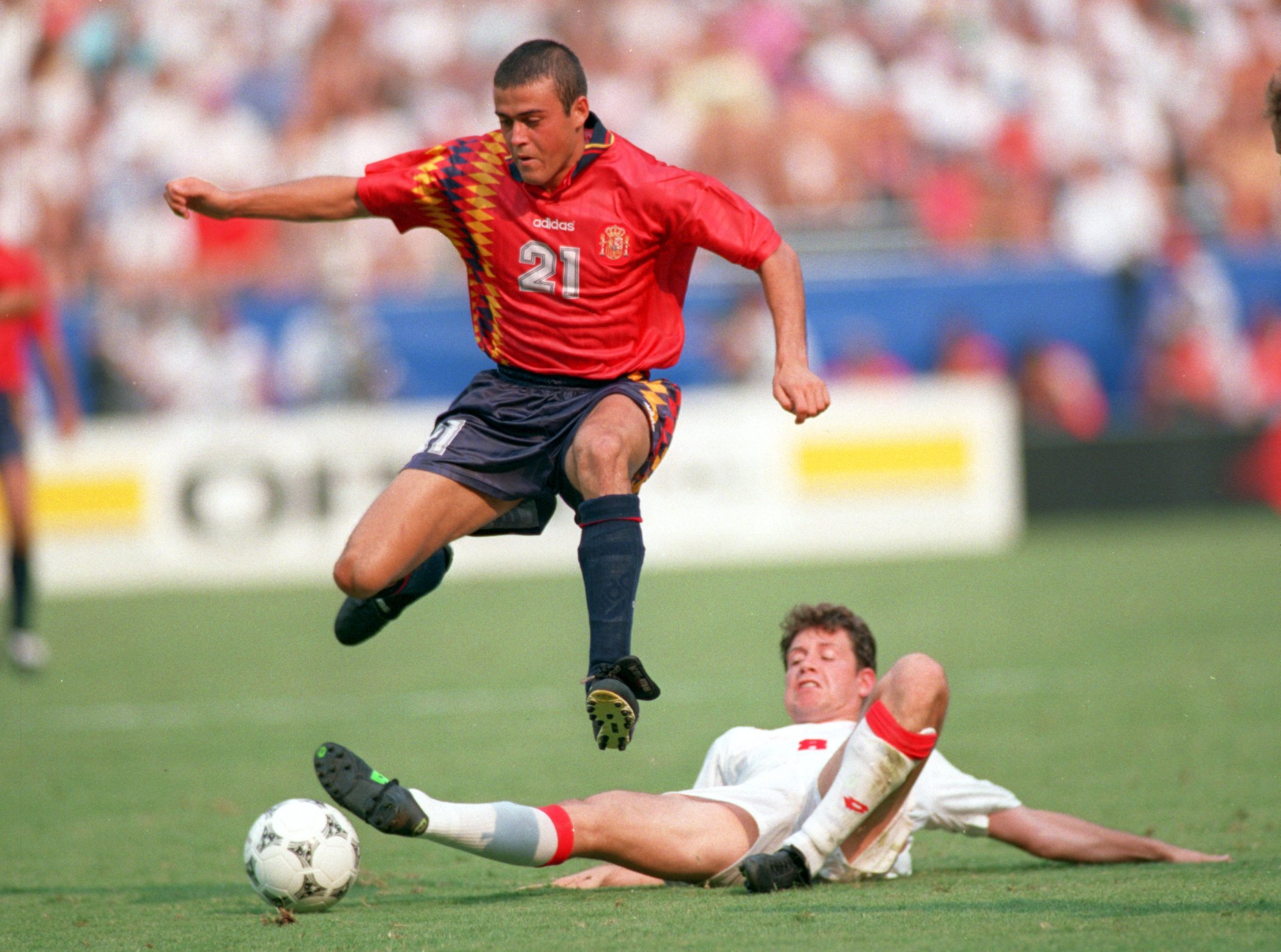 Luis Emrique in action for Spain against Switzerland at the 1994 World Cup.