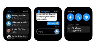 Skjermbilder fra appen Nanogram Messenger på Apple Watch.