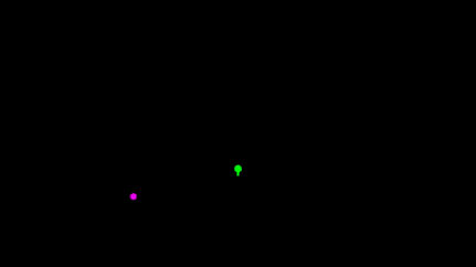 A pink dot revolves around a green dot, making a kidney bean shape.