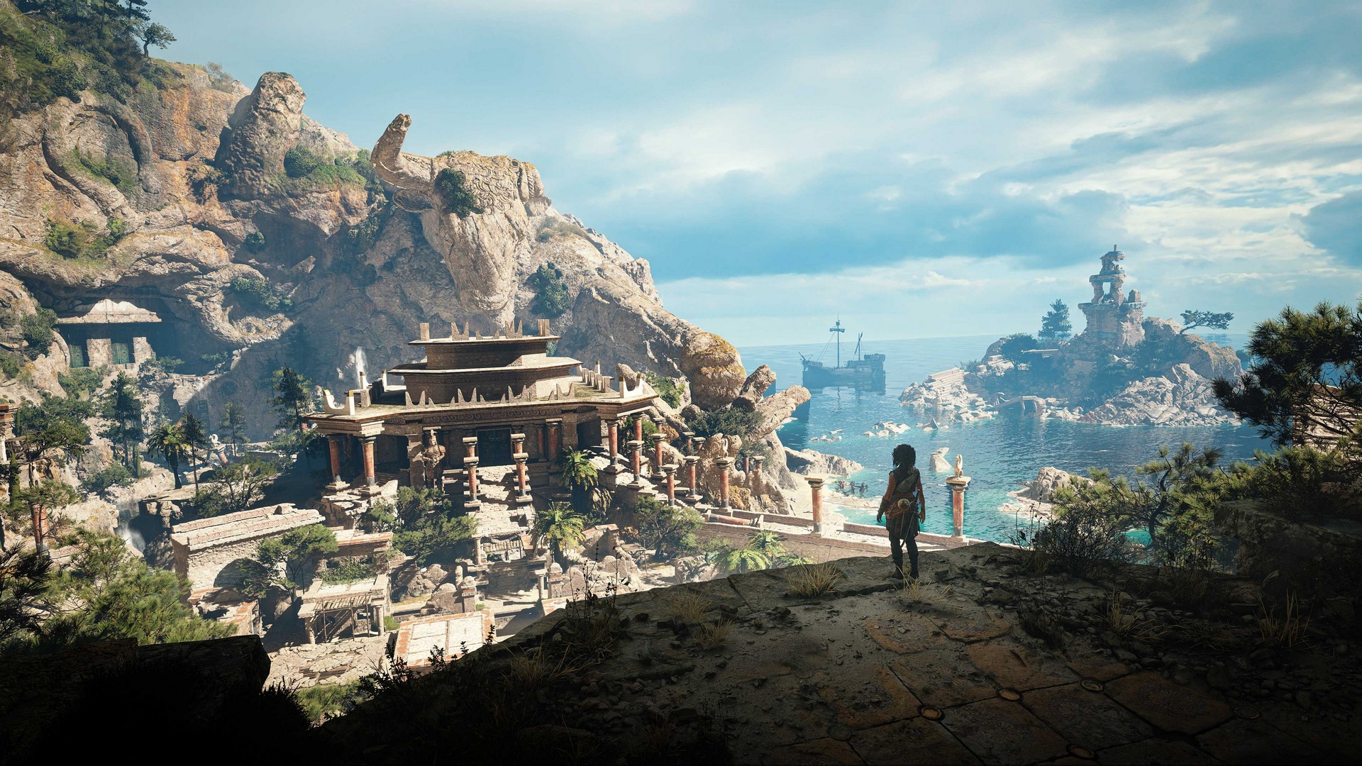 Sophia looks out at a sunny temple in the Mediterranean in Resonance: A Plague Tale Legacy