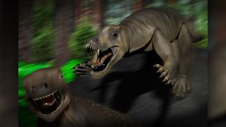 A reconstruction of Anteosaurus attacking an herbivorous Moschognathus.