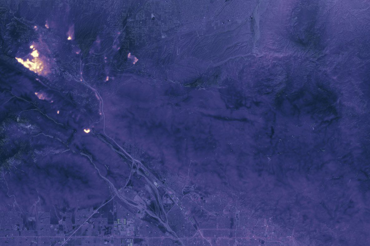 The Thermal Infrared Sensor (TIRS) on the Landsat 8 satellite captured this image of California&#039;s Blue Cut wildfire at 10:36 p.m. local time on Aug. 17, 2016.