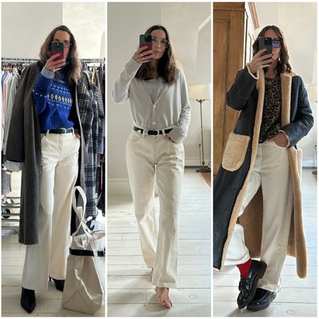 a collage of Larissa Mills wearing white jeans with black boots, blue sweaters, black coats, and grey tops.