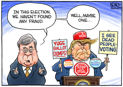 Political Cartoon U.S. Trump Barr election fraud