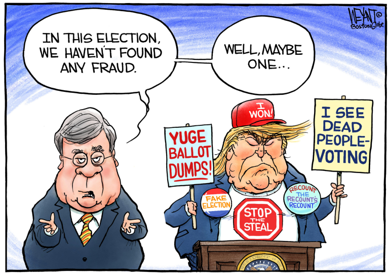 Political Cartoon U.S. Trump Barr election fraud