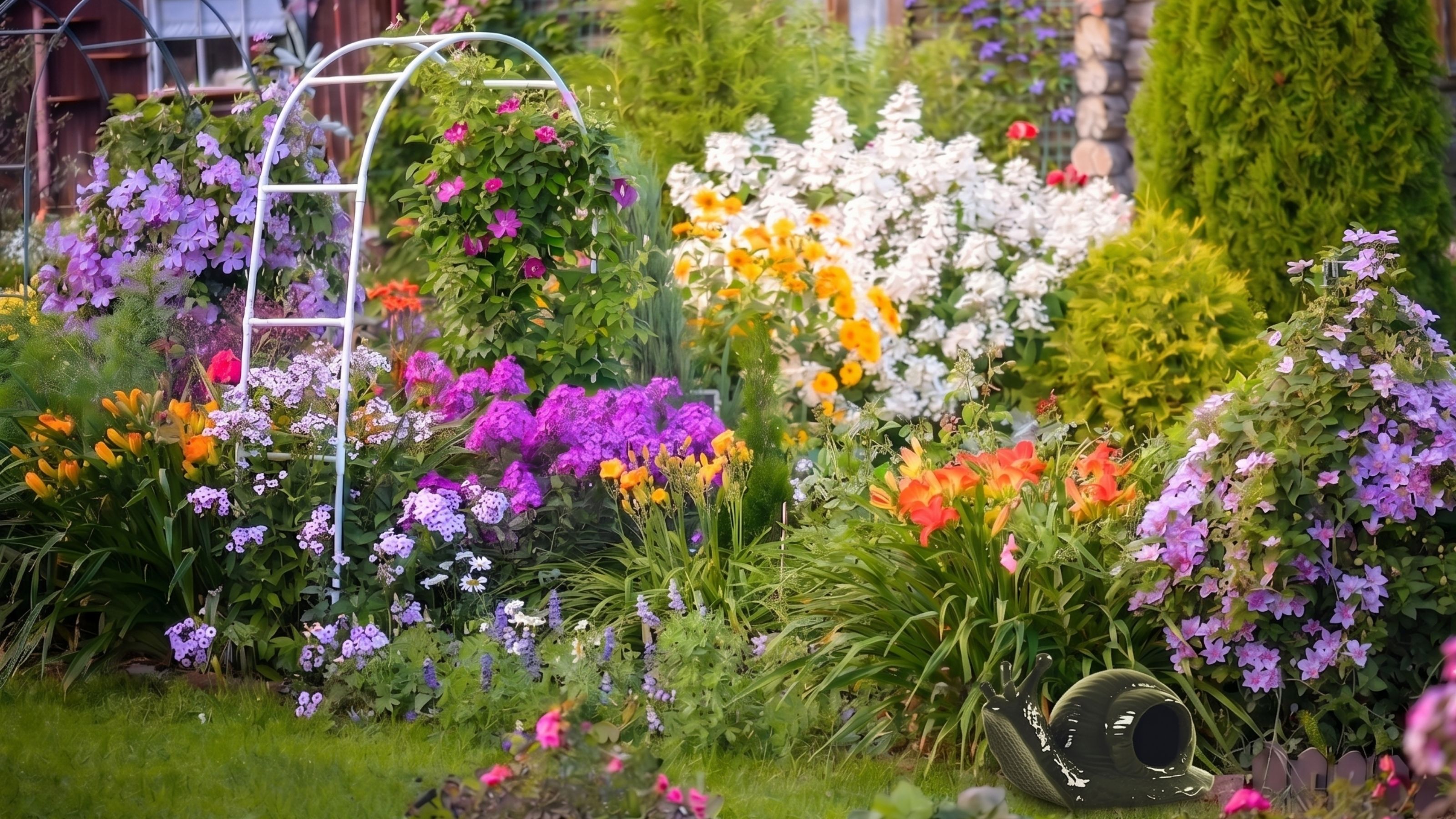 A beautiful ornamental garden with cutout of ceramic snail trap layered on top.